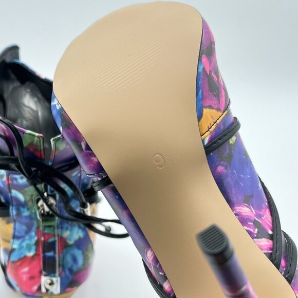 YDN Blue Floral Peep Toe Platform Stiletto Heels Lace Up Cutout Ankle Booties - Picture 6 of 8